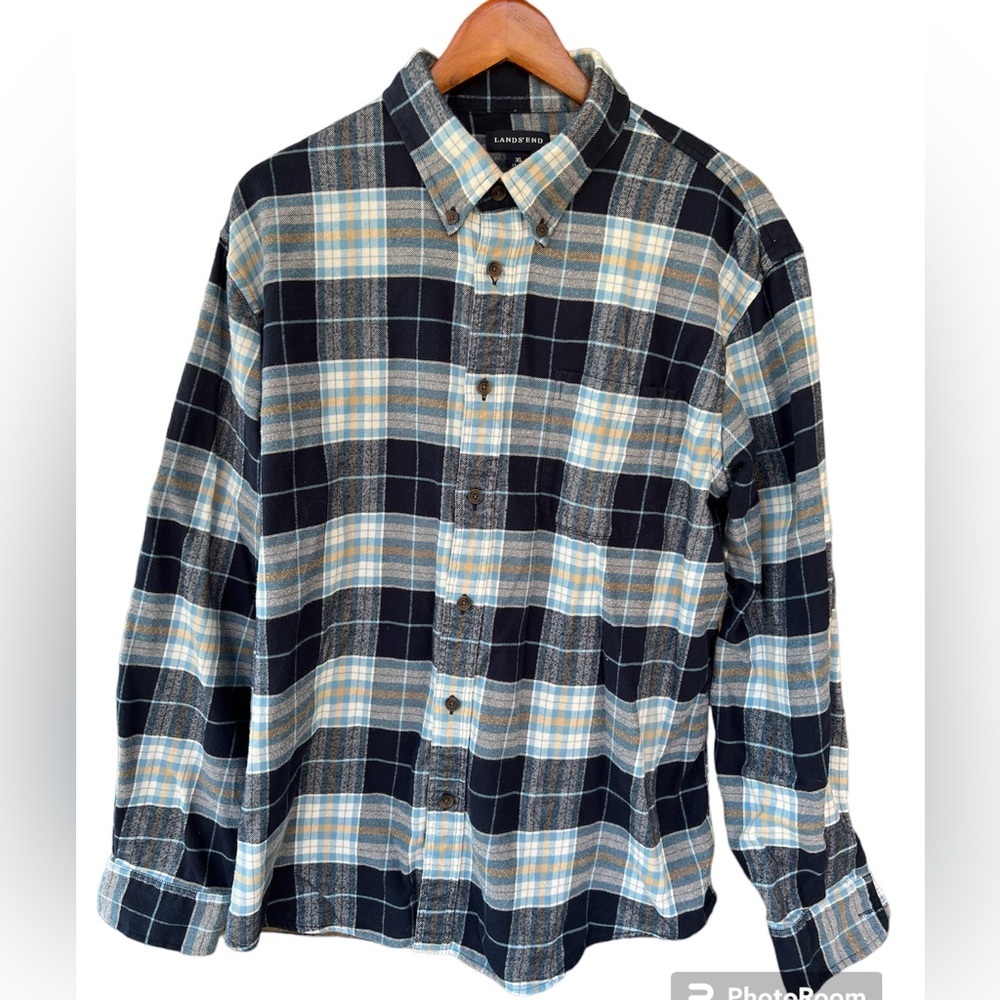 Lands' End Flannel XL Plaid Blue Yellow Button Down Cotton Shirt Traditional Fit